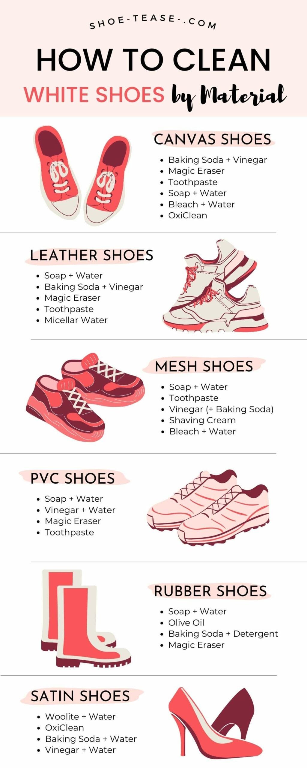 How to Clean White Shoes by Material Infographic